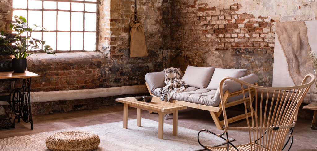 Pouf and wooden table on carpet near window in bright wabi sabi interior with sofa and armchair. Real photo