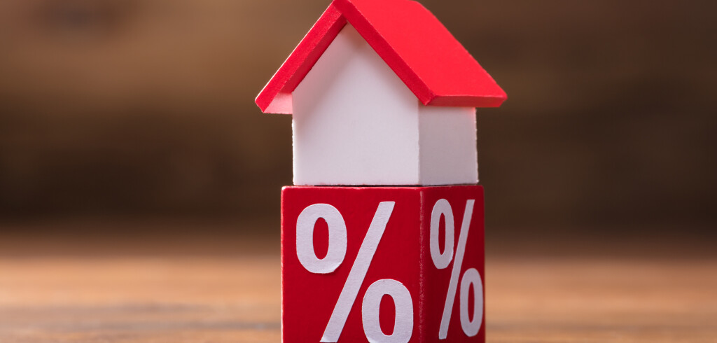 Close-up Of House Model And Percentage Red Block On The Wooden Table