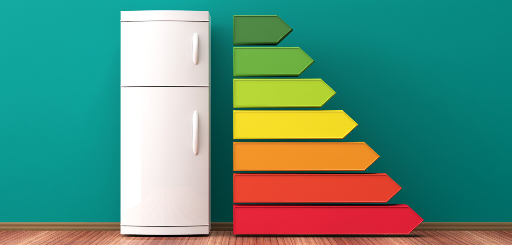 Fridge and energy efficiency rating. 3d illustration