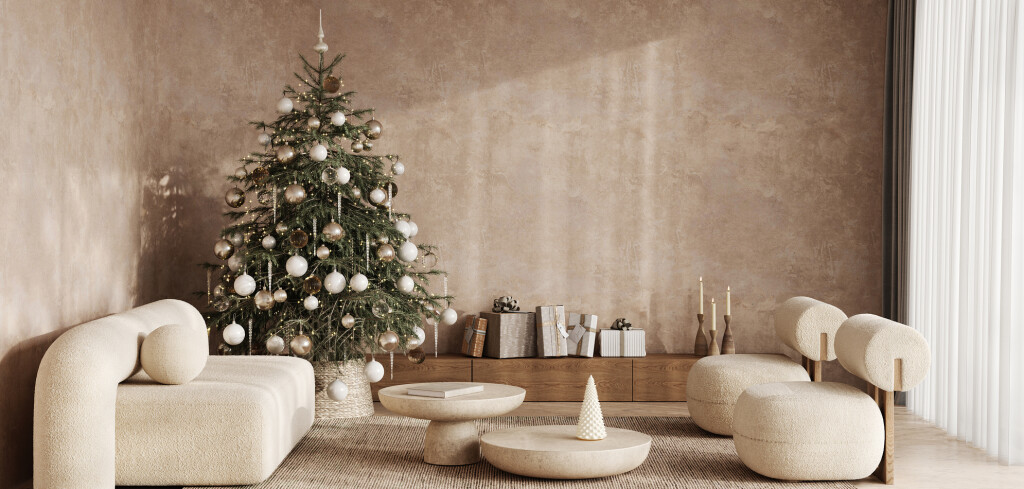 Boho beige livingroom with decorated Christmas tree and gift background. Modern nature window view. 3d rendering mock up stucco wall. High quality 3d illustration.