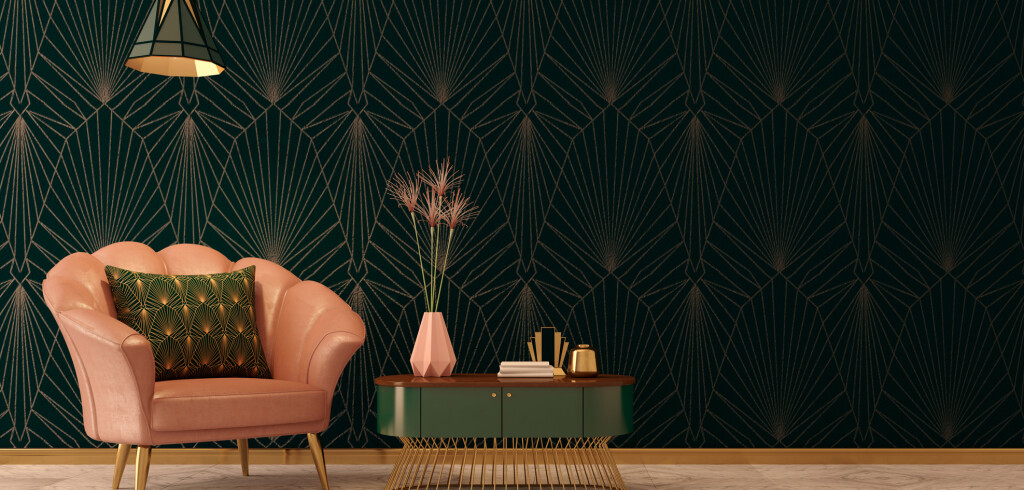 Art Deco interior in classic style with pink armchair and pillow.Vase on table.Dark green wall with ceiling lamp.3d rendering.